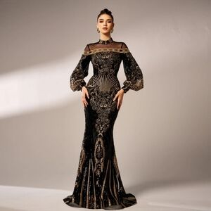 Black Embellished Backless Gown with Bishop Sleeves- CUSTOM MADE